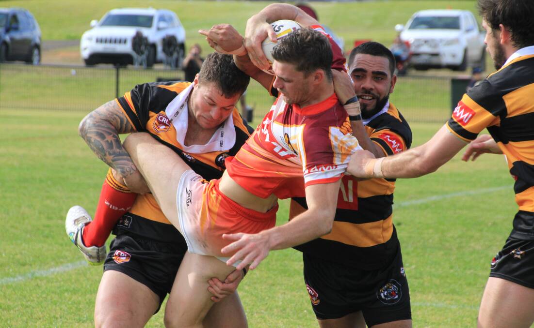 Justin Apthorpe drives this North Coast Dolphin back with the help of Matt Nean and winger Joel Harrison. Apthorpe debuted in the  second row last Saturday and could be slotted in there off the bench again tomorrow