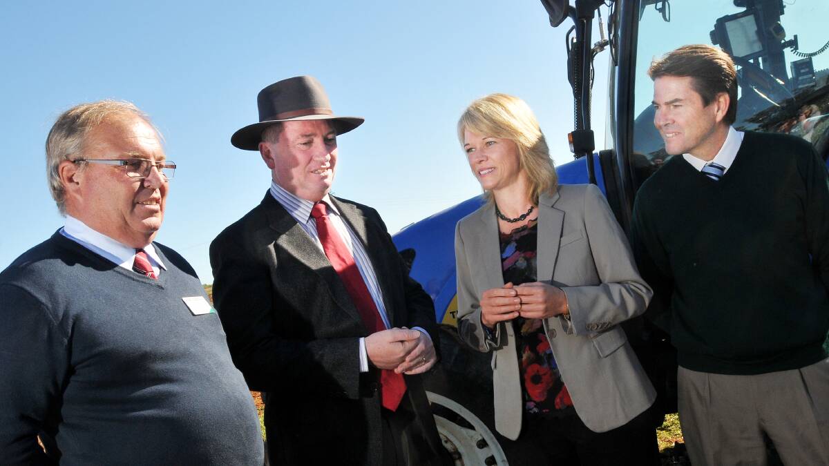 GRAIN OF TRUTH: Discussing a new funding package for the state's grain growers in Tamworth yesterday are GRDC chairman Richard Clark, New England MP Barnaby Joyce, NSW Primary Industry minister Katrina Hodgkinson and Tamworth MP Kevin Anderson.  Photo: Gareth Gardner 110614GGA03