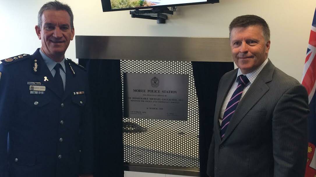 OPENING HONOURS: The new $18 million Moree Police Station has been officially opened by Police Commissioner Andrew Scipione, pictured left with Police Minister Mike Gallacher, at yesterday’s ceremony. Photo: Clint McGilvray