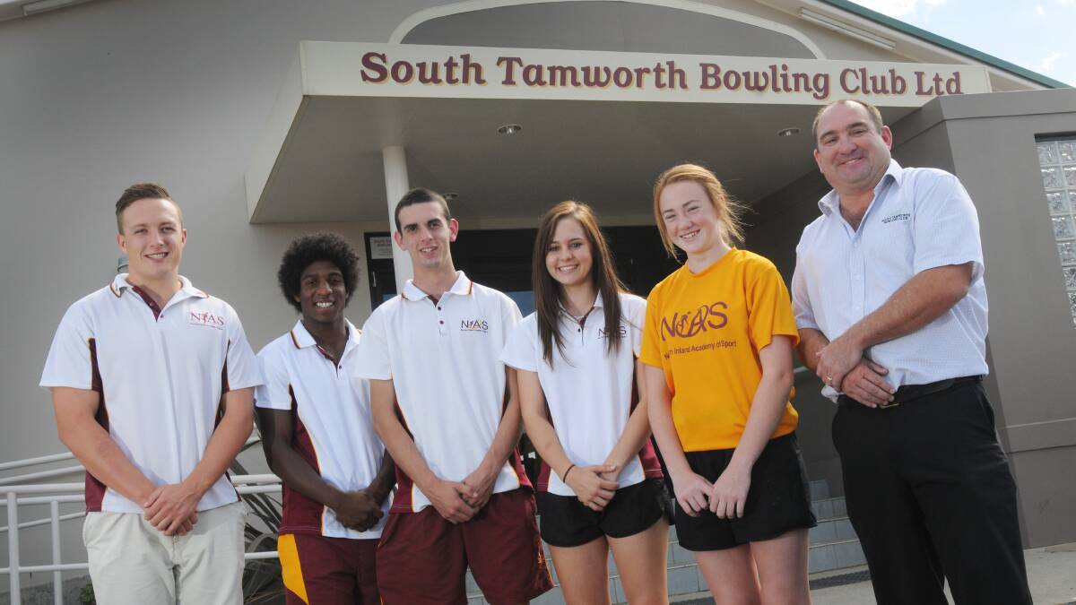NIAS sports co-ordinator James Cooper and athletes Isaac Woodley, Matt Johnston, Dana Dehm and Sarah Willis with major sponsor South Bowlo CEO Owen Walker. Sixty four  NIAS athletes are off to the Academy Games in Wollongong this weekend. Photo: Gareth Gardner 090414GGB01
