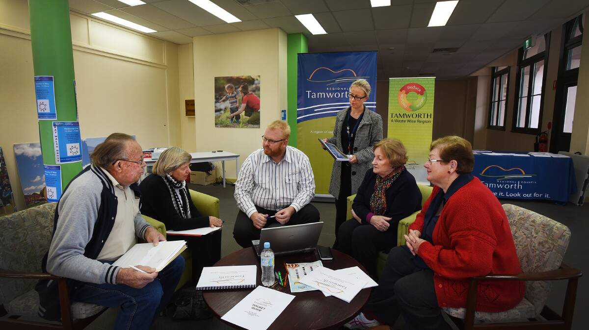 LEARNING MORE: A one-stop-shop for queries and suggestions on Tamworth Regional Council's operational plan has opened on Peel St. Pictured yesterday were, from left, Tamworth residents John and Mary Ryman, Chris Weber (manager of business systems and solutions), Julia Farina (corporate planner) and residents Nola Mulligan and Kay Ellis. Photo: Gareth Gardner 250515GGA01