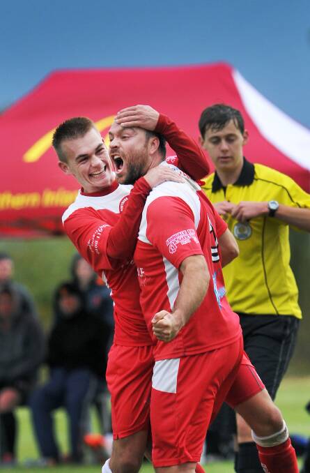 North Armidale stalwart Willow Grieves celebrates scoring one of his two goals in Saturday’s  5-nil drubbing of North Companions. Photo: Gareth Gardner 030514GOC05