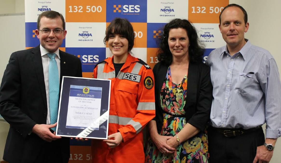 DEDICTATED WINNER: Inaugural NSW State Emergency Service (SES) Young Volunteer of the Year winner Shirley Heap pictured with Northern Tablelands MP Adam Marshall and her parents Sue and Stuart Heap.