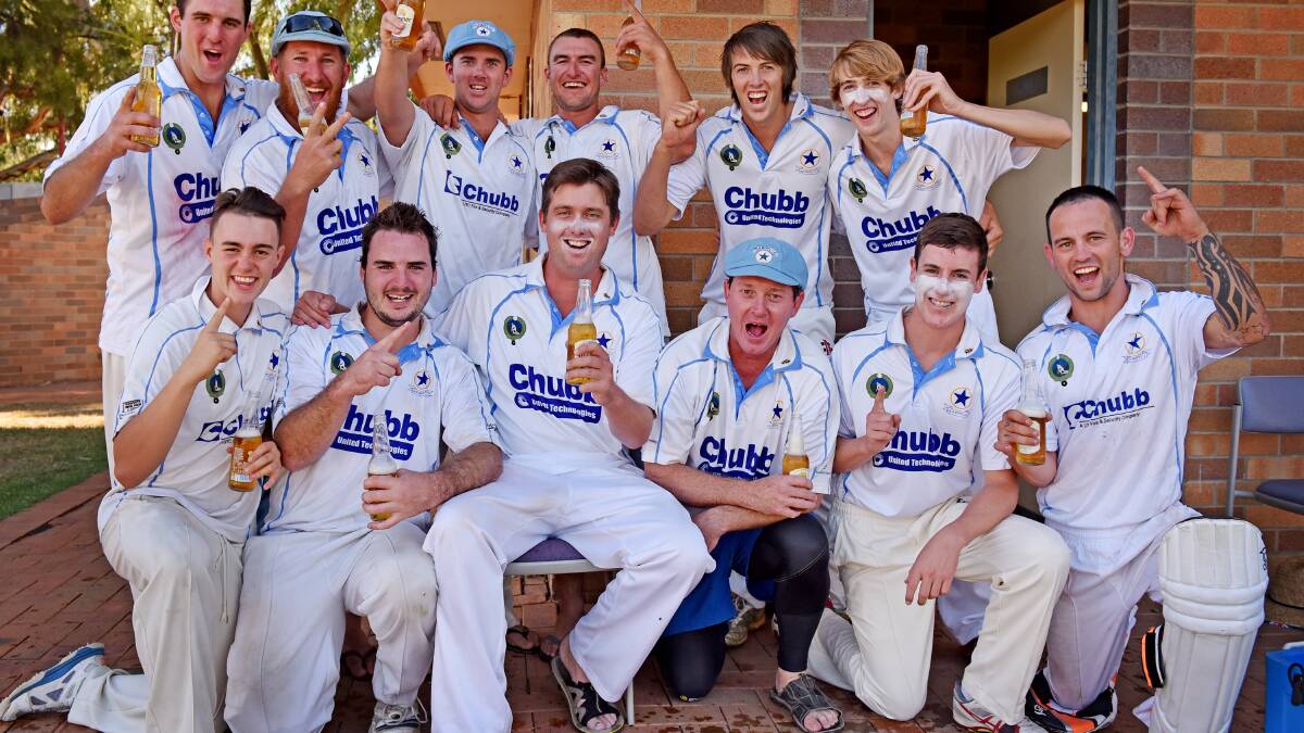 Old Boys celebrate a second successive first grade premiership yesterday (back from left) Mitch Swain, Simon Norvill, Aaron Hazlewood, Abel Carney, Will Howard, Chris Colton (front from left) Will Chesterfield, Josh Smith, Ben Middlebrook (capt), Adam Lole, Jack Richard, Chaise Crough. Photo: Geoff O'Neill 290315GOE01