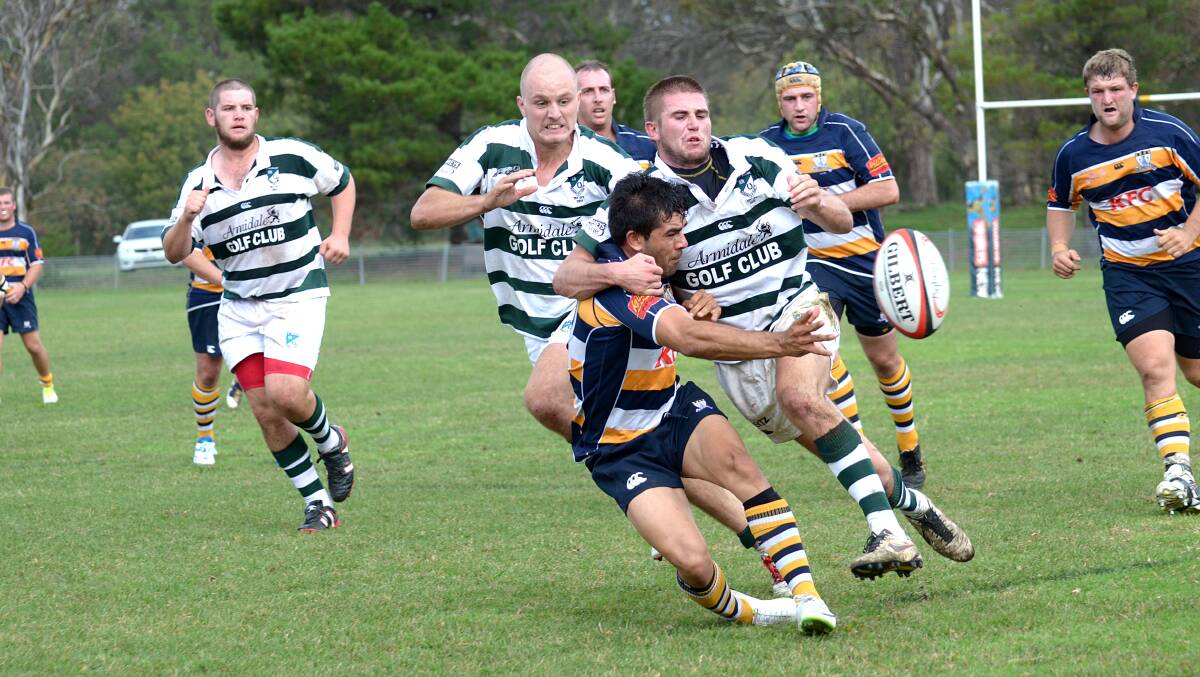 Armidale centre Dan Ah See, seen here offloading against Robb College earlier this season, moves to fullback for Saturday’s clash with Albies in Armidale. Photo:  pixonline.com.au