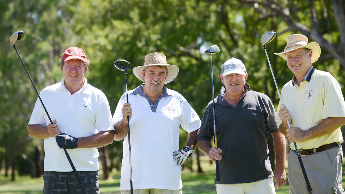 Peter Woolaston, Charlie Footit, Murray McGregor and Brian Haworth at the Lions Club Charity Golf Day at Tamworth Golf Course yesterday. Photo: Barry Smith 200315BSA03