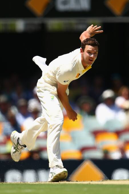 Josh Hazlewood in action during day one of the Second  Test between Australia and India at The Gabba in Brisbane last December. He lines up in his sixth Test tonight, this time against the old enemy in an Ashes series.