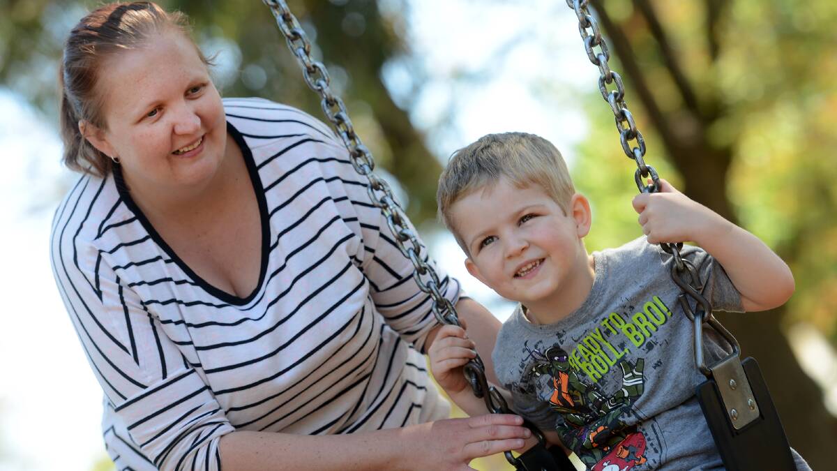 A DAY IN THE PARK: Donna Aslin and her four-year-old son Mark enjoy the 
children’s fun day at Anzac Park as part of  Children’s Week. 
Photo: Gareth Gardner 221014GGC01