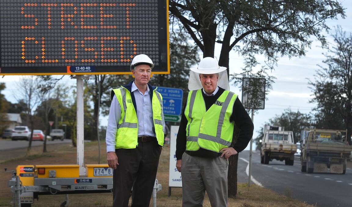 SAFETY FIRST: Tamworth Regional Council’s director of regional services, Peter Resch, and manager of civil construction, Graeme McKenzie, cast a final eye over the site where construction will begin on a new roundabout in West Tamworth. Photo: Geoff O’Neill 150714GOA02