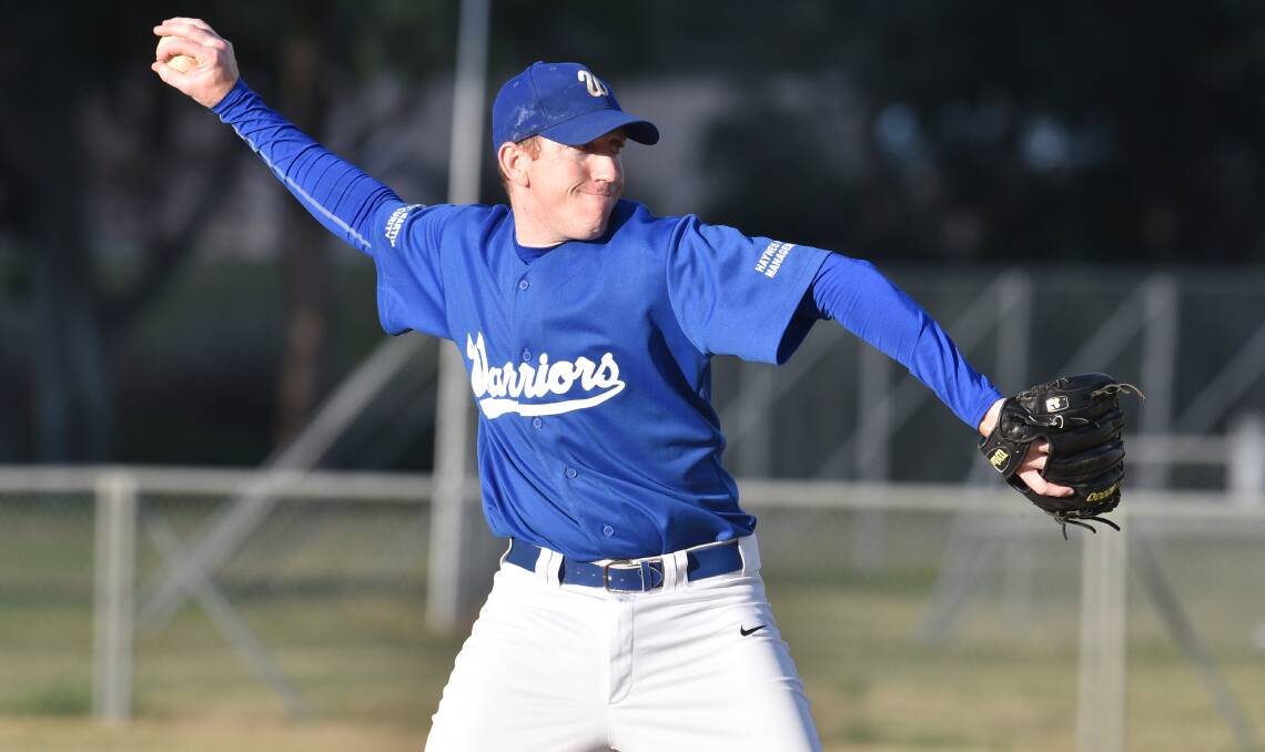 New dad Jeff Chandler pitching  for Warriors earlier this season. He will be spearheading Tamworth’s June Baseball Carnival prospects this weekend. Photo: Geoff O’Neill 230515GOF02