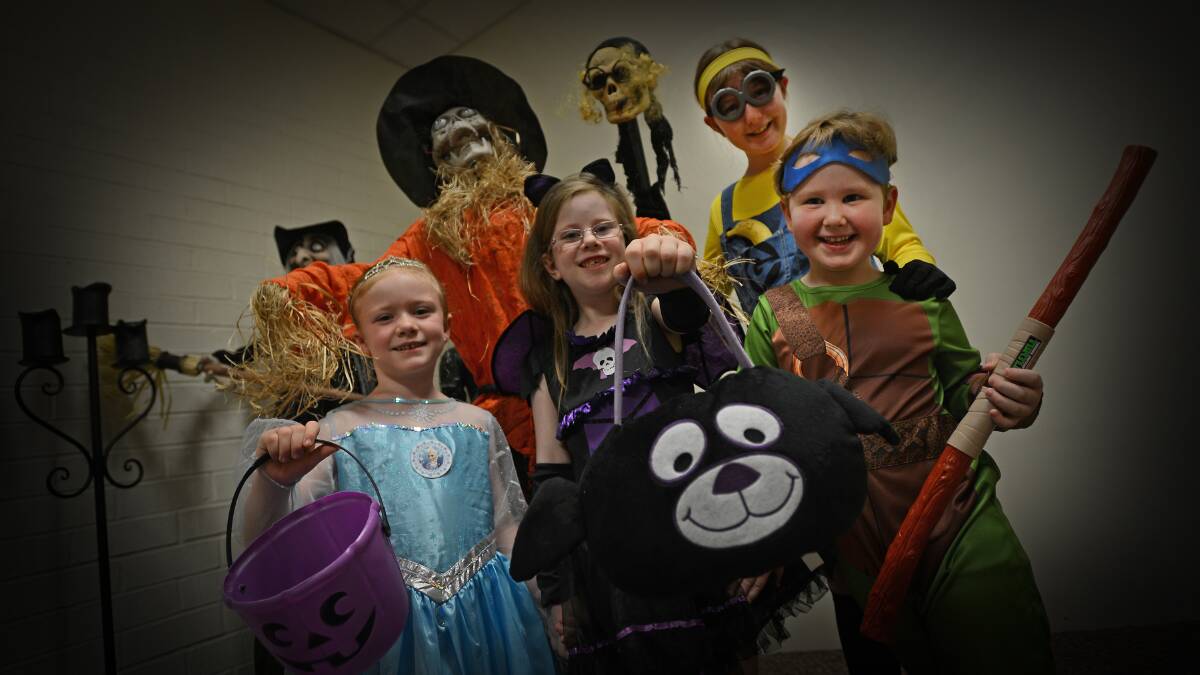 BOO! Local kids will be in for a spooky Halloween at the Tamworth PCYC. Back, from left, Minion Makayla O’Leary and at the front, Taryn Stewart as Elsa, Bella Fox as BatBella an Khai O’Leary as Ninja Turtle Leonardo. Photo: Gareth Gardner 241014GGA05