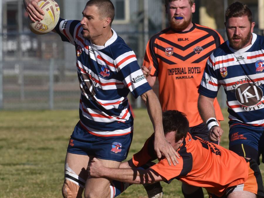 Kootingal’s Anthony Smith on the attack against Manilla. He’s on duty at Kootingal Oval today against the Barraba Bulldogs. Photo: Geoff O’Neill 270615GOE08