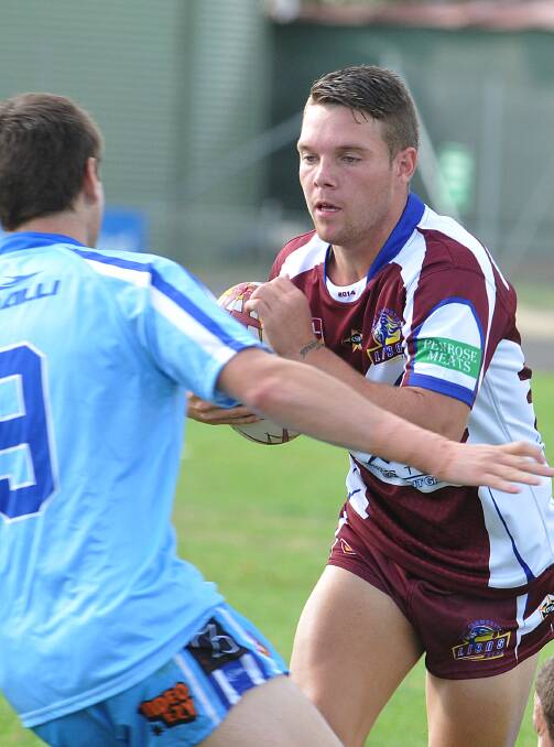 Teenage West star Mitch Doring (right) takes on young Blues hooker Jacob Nichols at the Wests Knockout. Tomorrow Doring and his Lions tackle North Tamworth at Bear Park while Nichols and his Blues brothers head to Wee Waa on Sunday for a big local derby. Photo: Geoff O’Neill 120414GOB43