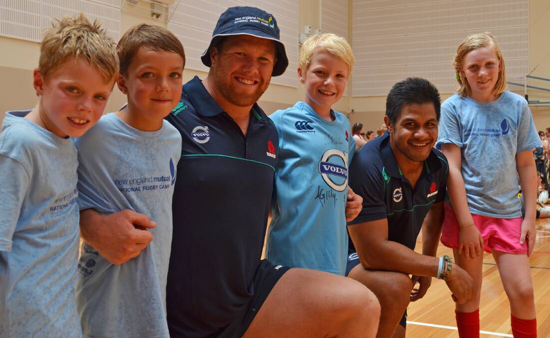 Packing  a six-person front row on the final day of the annual National Rugby Camp in Armidale yesterday were (from left) Max Rogers, Max Patterson, Paddy Ryan, Finn Graham, Tala Gray and Chloe Lincoln.  Photo: Chris Bath 1401115CBA05