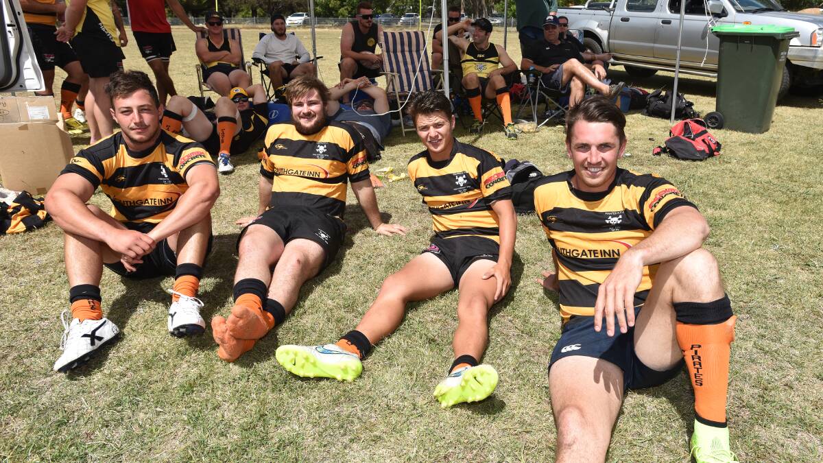 Pirates Michael Carr, Tyler Gallienne, Kerrod Binge and George Duddy looking relaxed while they await the final at the Armidale Knockout on Sunday. They would go on to win it. Photo: Geoff O'Neill 150315GOE01
