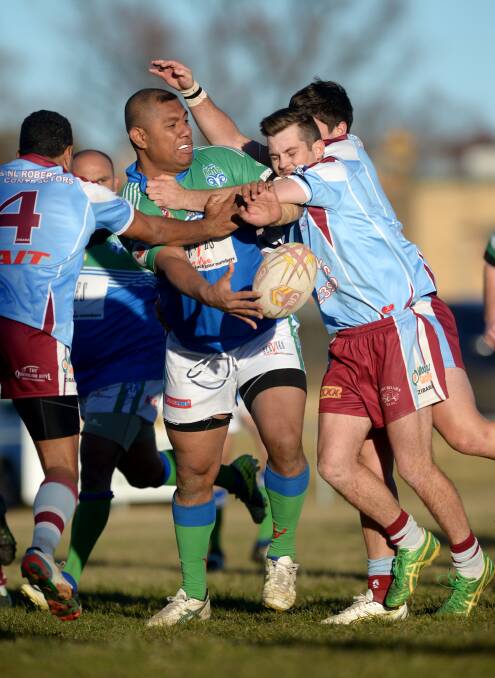 Armidale’s Apakuki Mate tries to offload against Goondiwindi last week. The Rams will be hoping to replicate what they did against the Boars when they tackle Inverell on Sunday. Photo: Grant Robertson