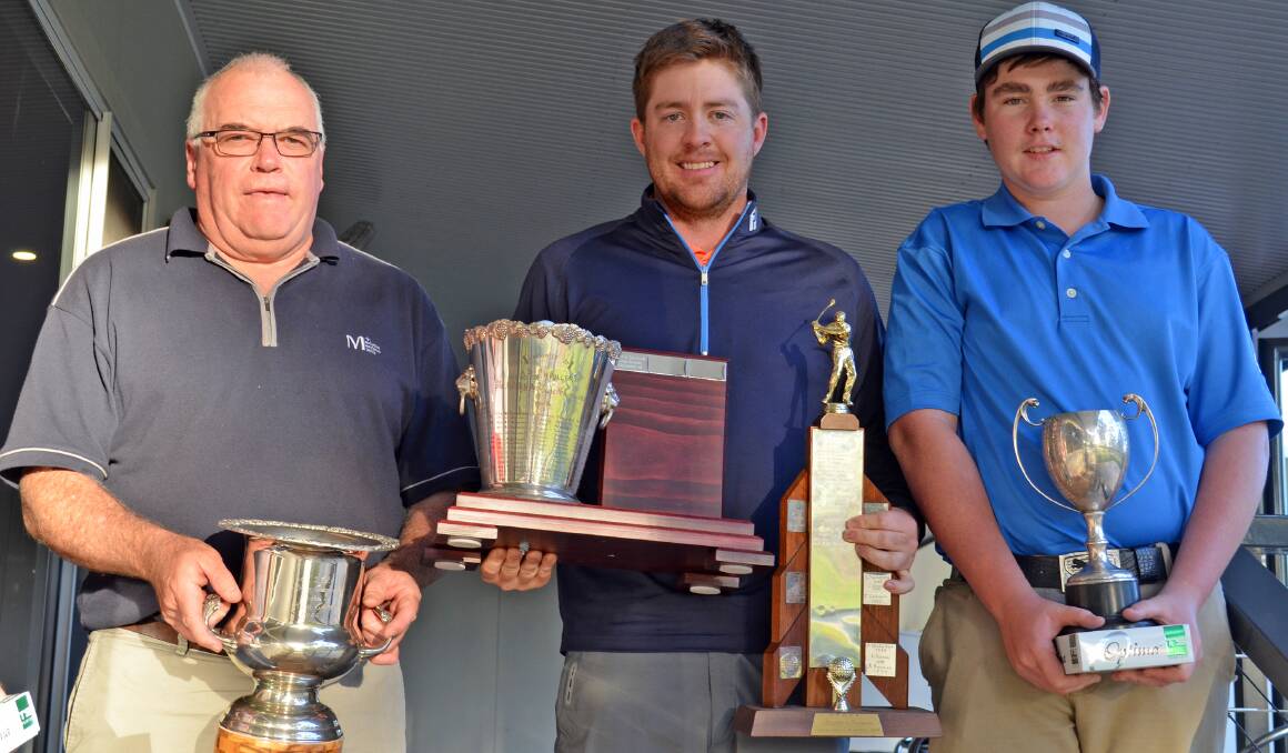 Winners (from left)  Steve Mathews (vets), overall winner and champion of champions Luke Streater (middle) and junior 
winner Jock McPherson after the Central North District Golf Association  Open in Gunnedah on Sunday. Photo: Chris Bath 070615CBA
