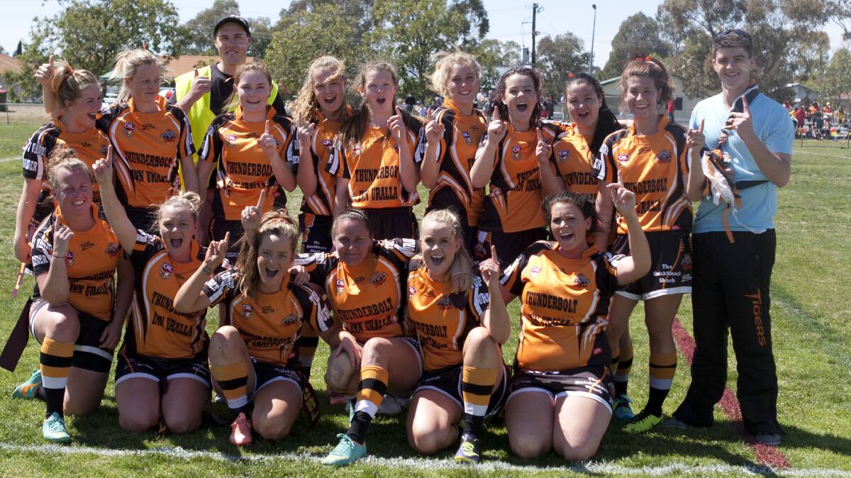 Uralla ladies’ league tag  team with coach Cameron Press (right) after winning a second successive Group 19 grand final at Moree last September.