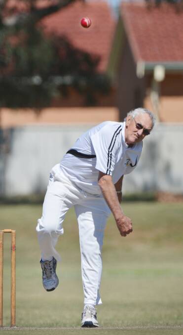 Quirindi seamer John Southam delivers against Southern in a recent Over 70s clash. He’ll be playing for Western at Mandalong tomorrow and Saturday. Photo: Barry Smith 100415BSB28