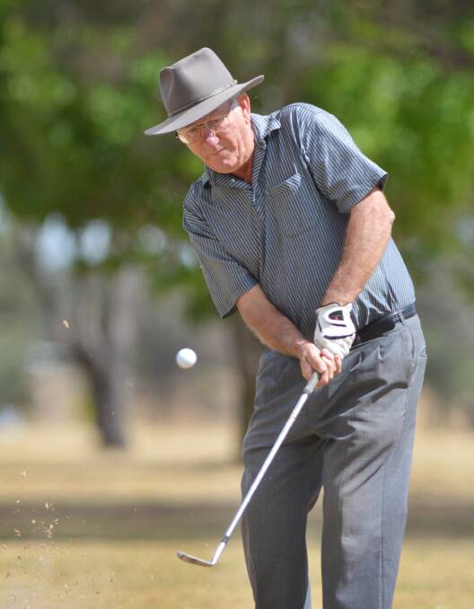 Uralla’s Peter MacReady chips up in the CNDGA Mixed pairs at Uralla on Saturday. Photo: Barry Smith 291114BSE21