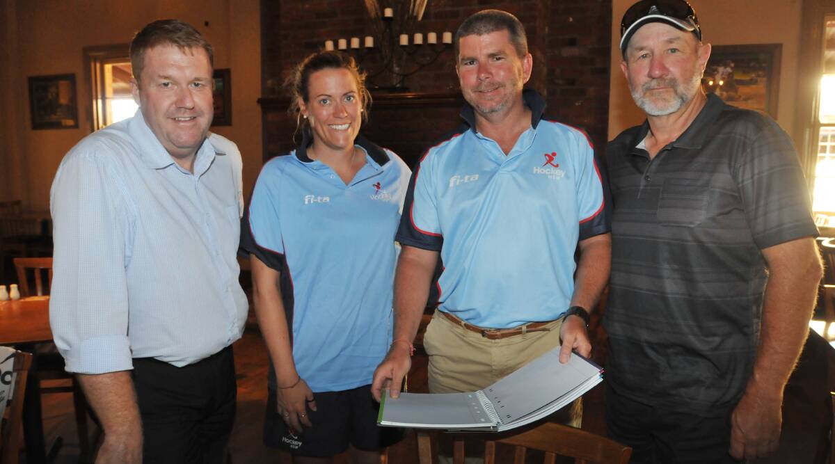 Regional Coaching Coordinator Blair Chalmers (second from right) met with  Tamworth and New England association 
officials this week to discuss his vision. He’s with Tamworth president Chris Shepherd (left) , Gina Rees (Hockey NSW game development manager) and New England  president Dennis Behrend. Photo: Geoff O’Neill 100214GOE01