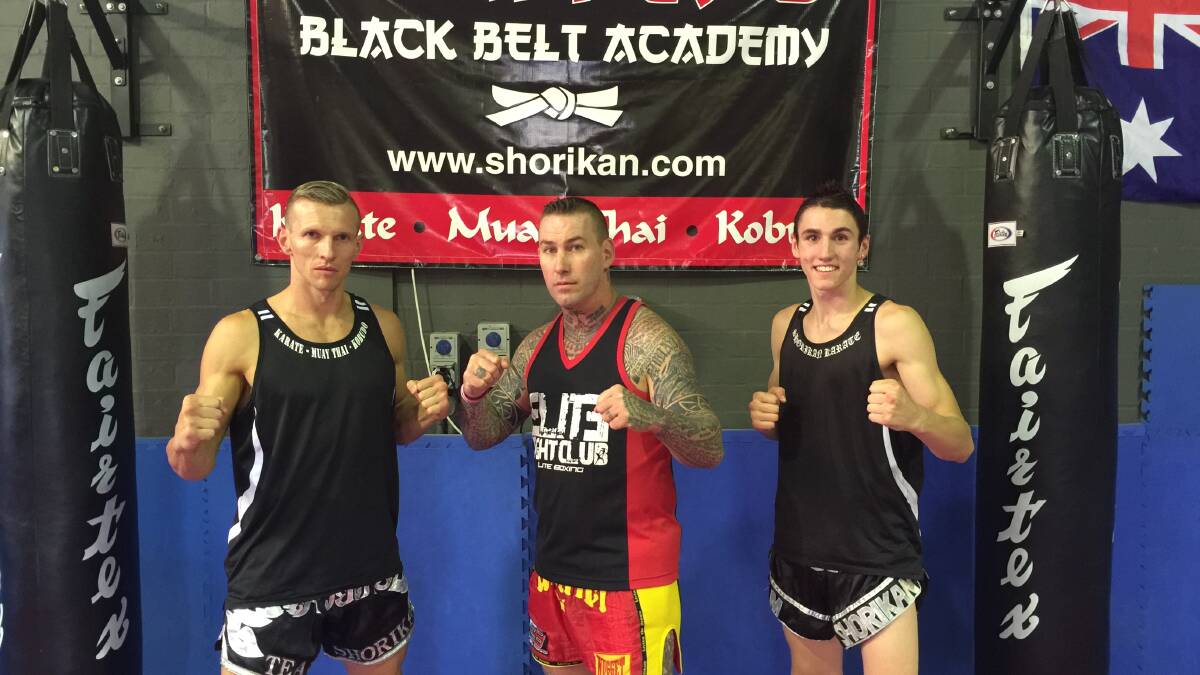 Chaffey’s Black Belt fighters Scott Chaffey (left) and Brayden Johnston (right) got some valuable tips from Nugget McNaught ahead of their fights this weekend.