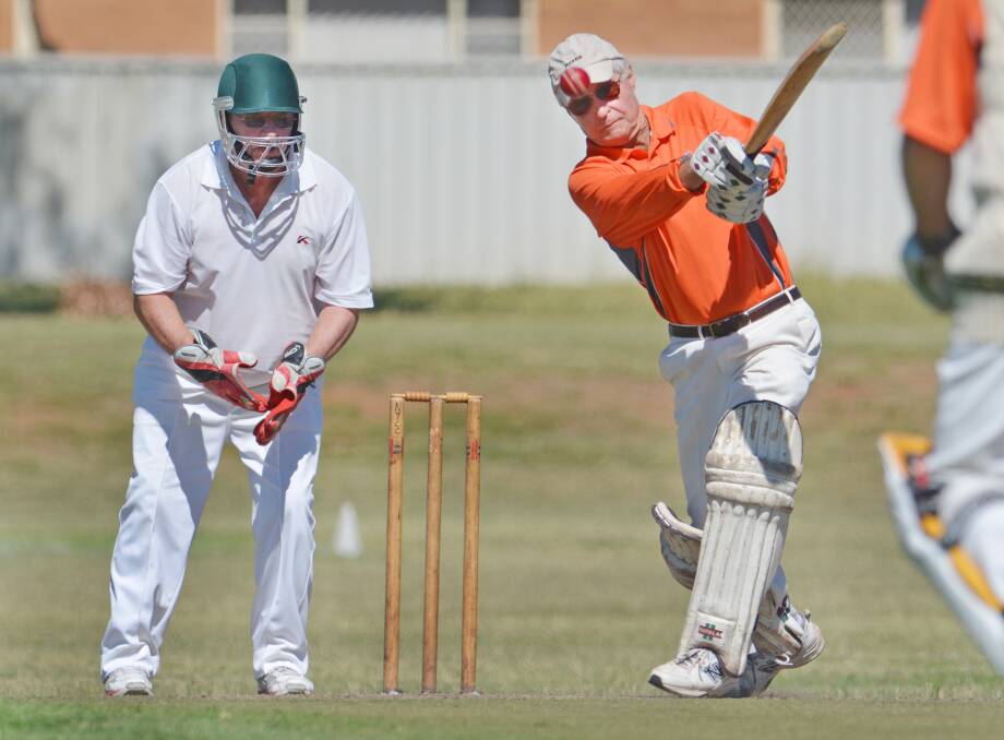 Tamworth’s Andy Falkenmire hits out for Southern when he helped out the visiting region in the recent Over 70 mini carnival in Tamworth.Mandelong beckons him and his fellow vets for a final cricket fling. Photo: Barry Smith 100415BSB32