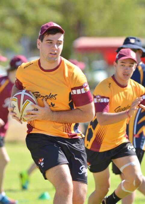 Greater Northern Academy Rugby League Squad Tigers Brad Johnston and Corey Manicaros in a recent drill. They play 
Newcastle Knights Under 17s in Cessnock tomorrow.
Photo: Barry Smith 020214BSB21