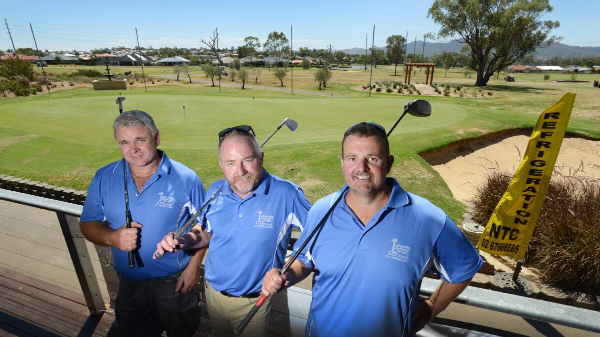 Having a time out at Sunday’s Longyard Junior Golf Development Day were (from left) Allan Hemmings, Derek Attwell and Brad Costigan (Treasurer). They raised $7000. 
Photo: Barry Smith 230214BSD01