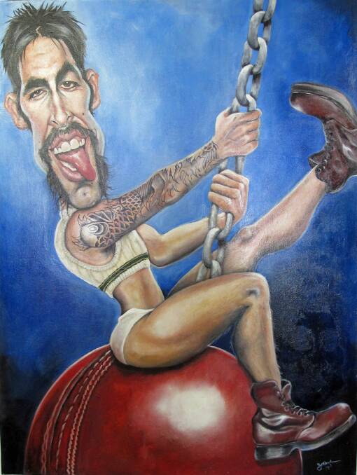 SIMPLY NOT CRICKET: Judy Nadin’s Wrecking Balls (Ashes to Ashes) is one of 50 paintings in the travelling Bald Archy exhibition which will open at Inverell Art Gallery tonight.