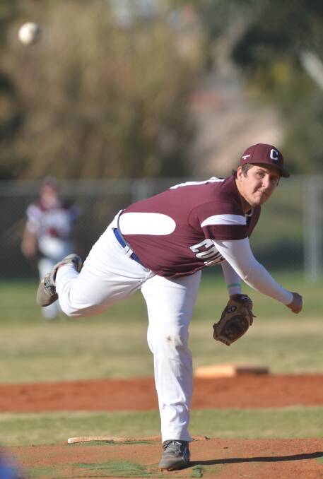 Cougars’ pitcher Scott Hurn lets fly in their loss to the Rainbows. Photo: Barry Smith  090814BSF03