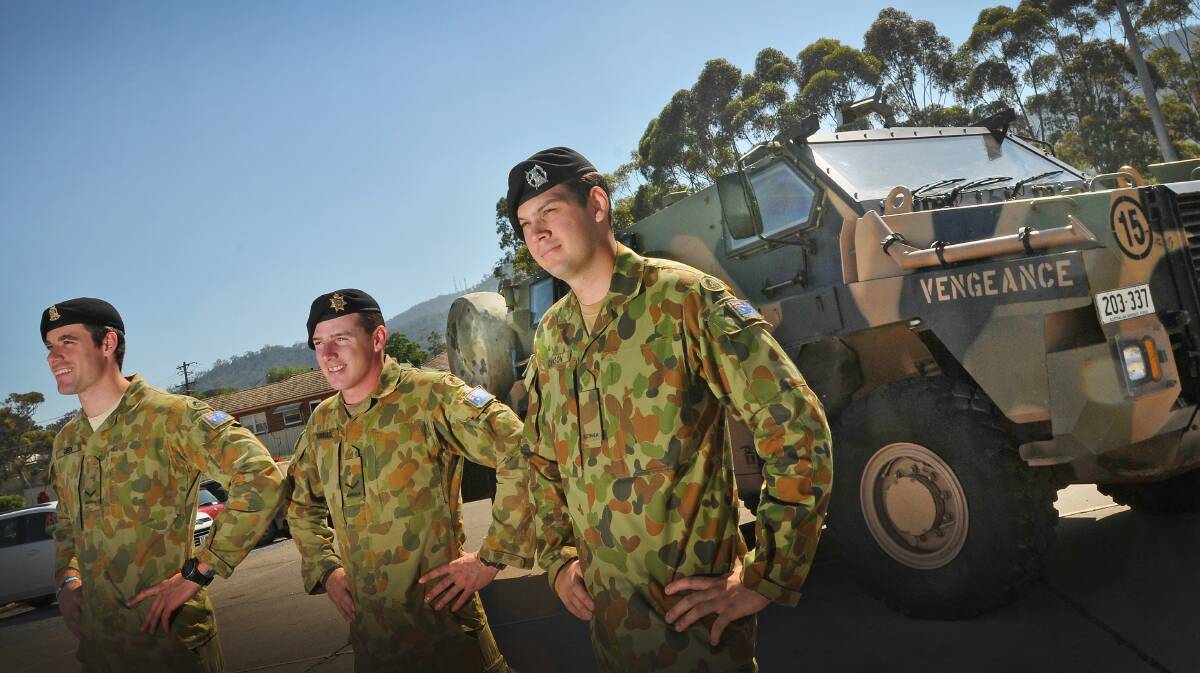 CHARGE COMMEMORATION: Lance Corporal Steven Green, Lance Corporal Nathan Turnbull and Trooper Quentin Dawson are ready for the annual Beersheba dinner in Tamworth tomorrow night. Photo: Gareth Gardner 301014GGA01