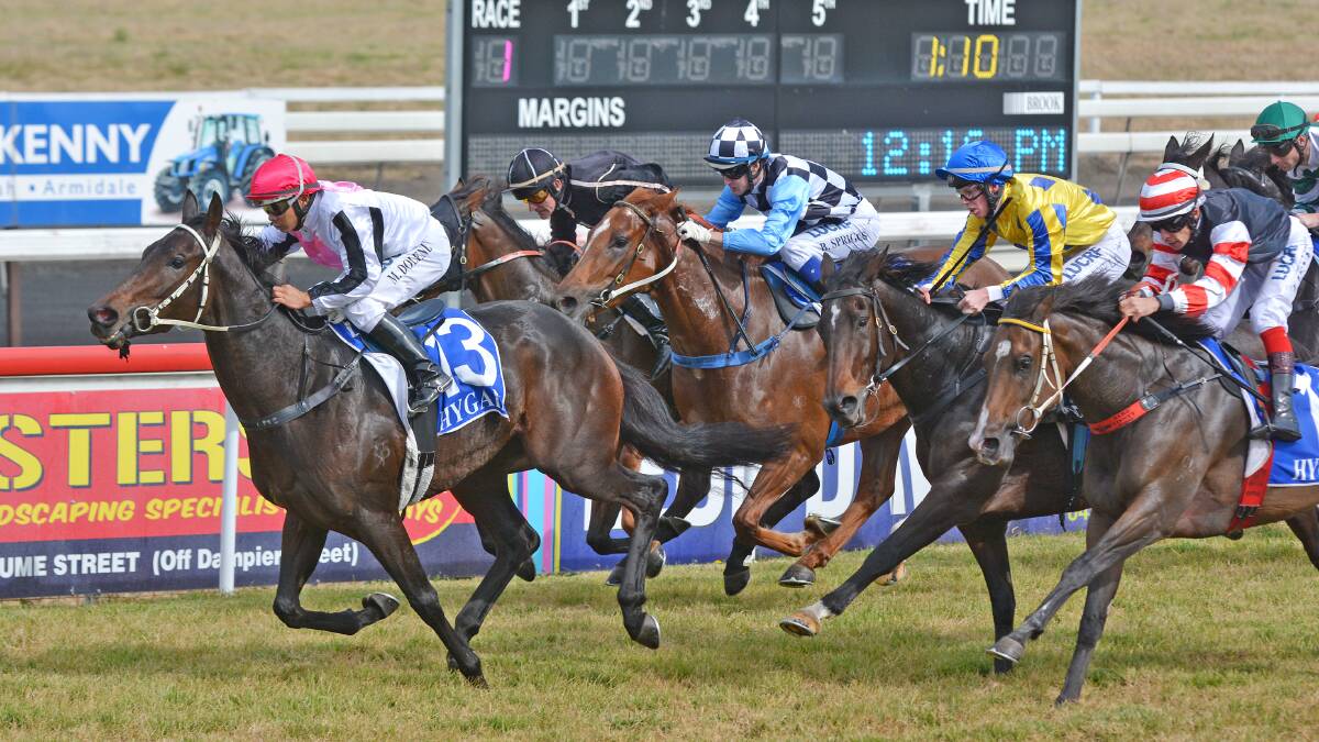Foreign Secretary and Marlon Dolendo win the first race at Tamworth last week at 50-1. Today they are chasing more success at Armidale. Photo: Barry Smith 180515BSC05