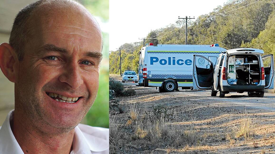 TRAGIC TOLL: Police cordon off the road leading to the property where Tamworth man Glen Turner was allegedly shot dead by a landholder on Tuesday. Photo: The Moree Champion. INSET – Glen Turner.