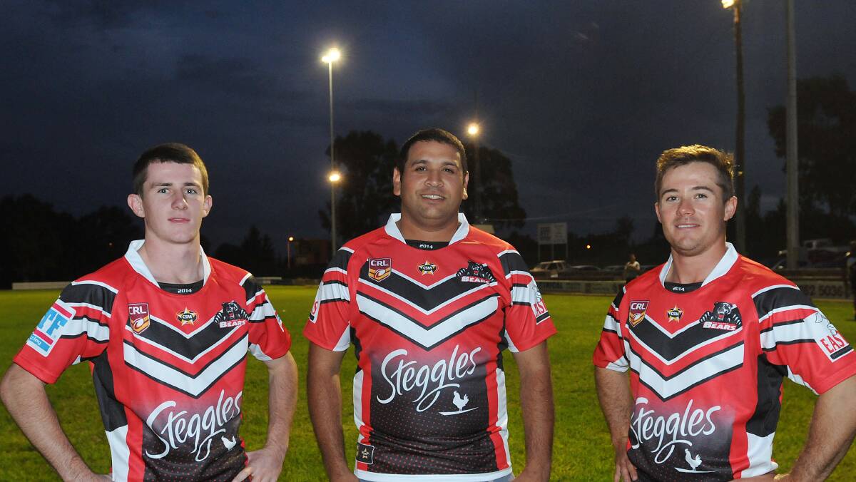 Callum Hayne, Marshall Barker and Kieran Fisher model the new North Tamworth Bears strip which will be on full display today at the Wests Knockout. 
Photo: Geoff O’Neill 100414GOE01