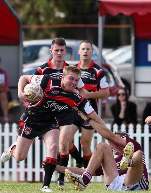 Bears winger Dan Boland is one of the  big Bear improvers and will be aiming to add to his try tally against Gunnedah tomorrow. Bears hooker Callum Hayne and fullback Richard Clegg look on in the recent clash with West Lions. Photo: Gareth Gardner  250415GGB10