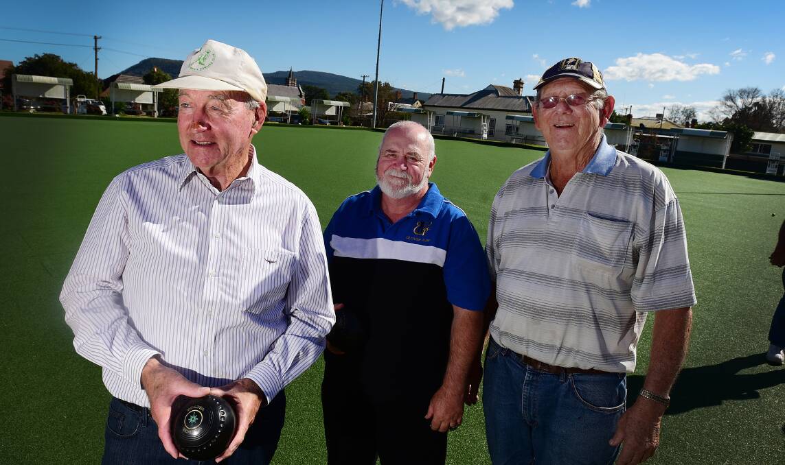 Former Eastern Suburbs Rooster, Parramatta Eel and Australian representative   John Quayle (left) at Sunday’s Men Of League Bowls Day at Manilla Bowling Club with Dane Glover (middle) and former NSW and Gunnedah winger Don Pascoe. The Men Of League charity train now heads to North Tamworth Bowling Club for a Dungowan Cowboys black tie ball this Saturday night. Photo: Gareth Gardner  050715GGD01