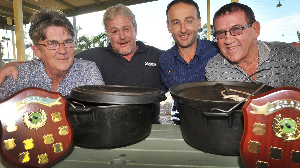 WHAT’S 
COOKING: Pat Rogers, Scott Cone, Damon Sullivan and Peter (‘Landy') Coulton are all set for tomorrow's camp oven cook-off and fun day at the West Tamworth bowlo. Photo: Geoff O’Neill 230514GOD01