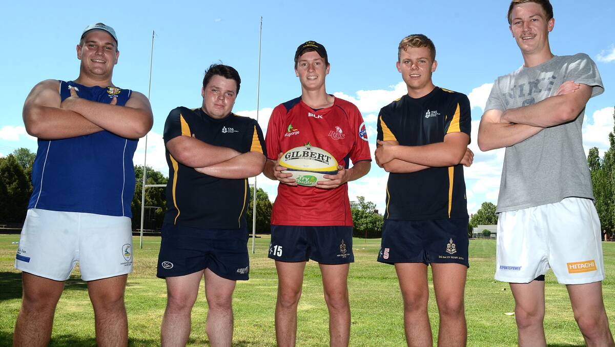 New England’s (from left) Tom Newman, Angus Roxburgh, Joseph Kingham, Jock Jackson and Braden Graham are among a host of players from the region heading to Hong Kong and Singapore next year on the Country Schools development tour. The squad had a training camp in Armidale on the weekend. Photo: www.pixonline.com.au