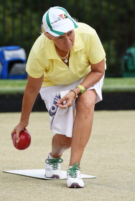Chris Myers delivers during the recent Tamworth City Easter Pairs. She’s heading to the South Coast to play for NSW Country next month. Photo: Gareth Gardner  030415GGC03