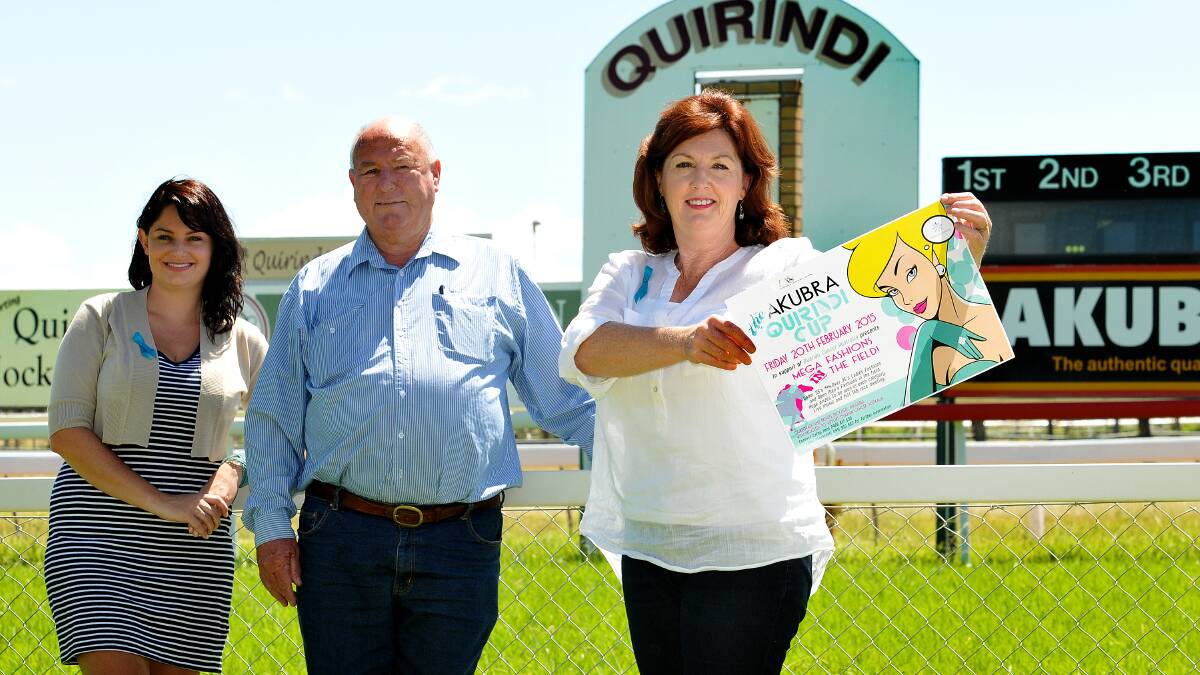 SADDLE UP: Lauren Ham, Quirindi Jockey Club secretary Ted Wilkinson and Cathy Ham have joined forces to raise awareness of the devastating impact ovarian cancer can have on families. Photo: Geoff O’Neill 290115GOB01