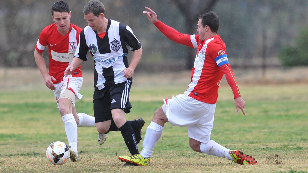 North Companions' Ben van Aanholt tries to dissect the Oxley Vale defence of Cameron Skewes (left) and Chris Fenton (right) during their four-goal loss last week. Companions will be hoping he can find the back of the net today when they face conference leaders Tamworth FC. 160814GOE06
