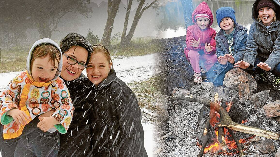 RIGHT - FIRST SNOW: Mum Leah Dryden and daughters Ella, left, and Charlotte saw their first snow above Hanging Rock yesterday after a trip from Kootingal.
LEFT - SNOW CAMP: Newcastle siblings Chelsea, 7, Jack, 9, and Stuart Hellicar, 11, are staying with their grandfather in Tamworth and went looking for snow yesterday at Sheba Dams. Photo: Geoff O’Neill 100714GOB02