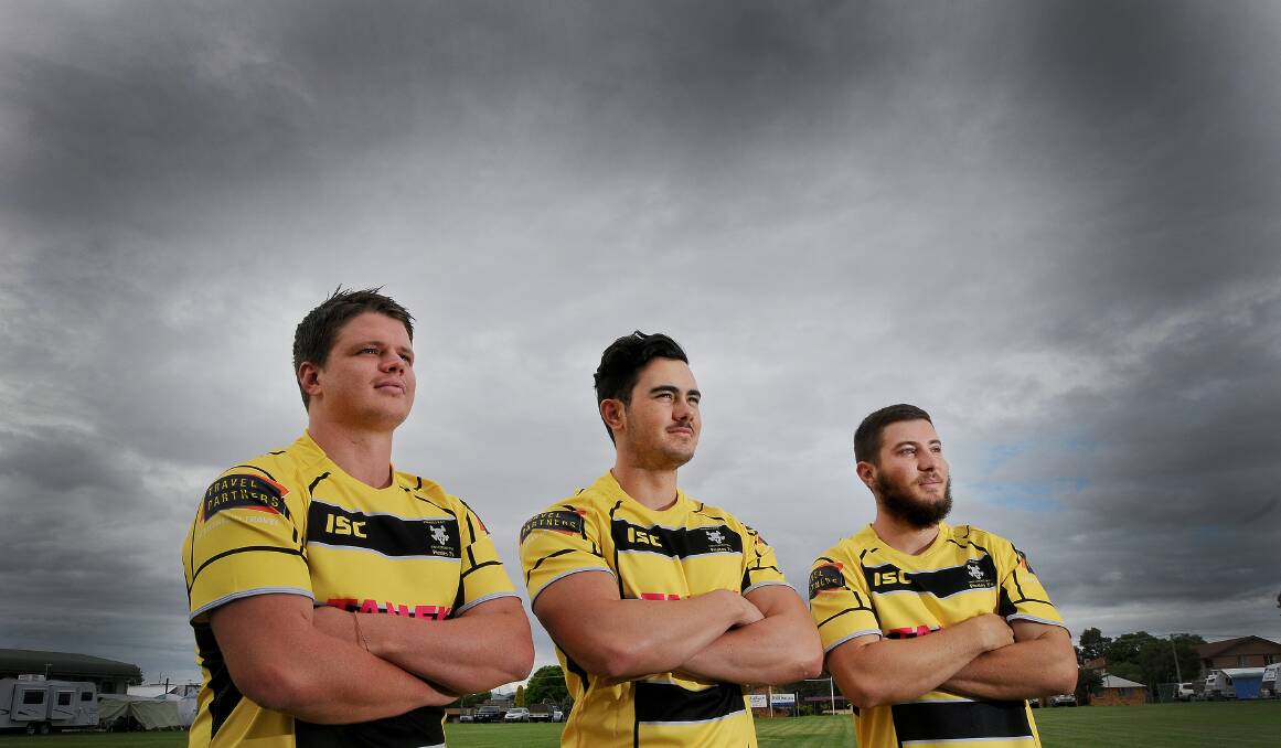 Tim Collins (left), Brayden Grehan (centre) and Eoin O’Conner in the new Pirates sevens strip as the club looks for another avenue to prepare for a fresh assault on the Central North season. Photo: Gareth Gardner  230115GGA01