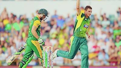 Josh Hazlewood celebrates AB de Viliers’ wicket during Sunday's second ODI in Perth. Photo by Scott Barbour/Getty Images.