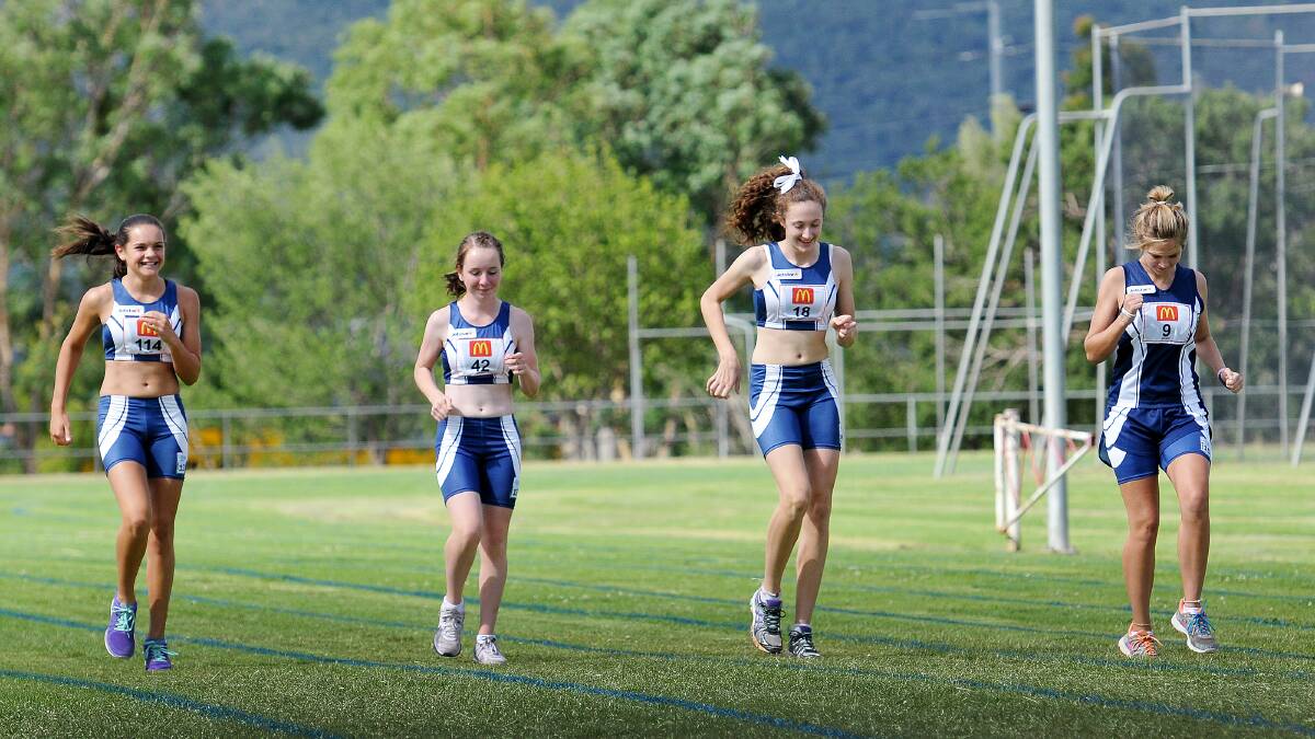 Tamworth’s senior relay team (from left) Emma Klasen, Bridie Martin, Kate Pianta and Jamie Blackler  will be right at home as Tamworth hosts the regional Little A’s carnival this weekend. Photo: Gareth Gardner  290115GGC02