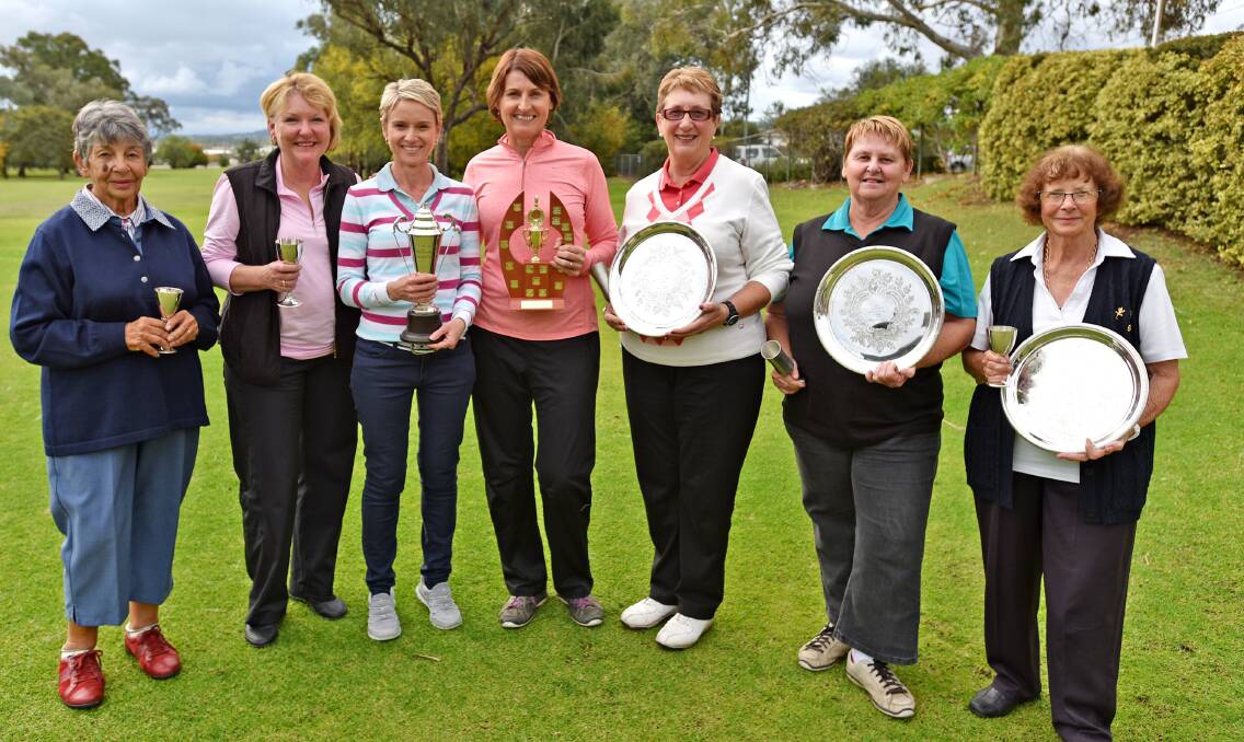 Tamworth Lady Golfers champions (from left) Maree Kempton (C grade), Wendy Crowley (B grade), Natalie Studte (overall champion), Michelle Johnston (overall runner-up and veterans champion), Trish Heffernan (B grade handicap), Ros Sadler (A grade handicap) and  Betty Reed (D grade).  Photo: Geoff O’Neill 210515GOB02