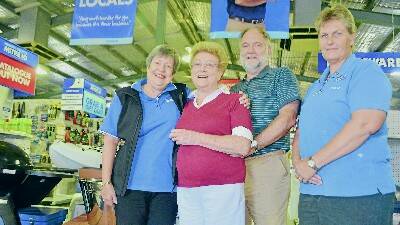 GOOD SHOPPING: Office manager Mareia Cowper, left and Michelle Wiggins, right, from Mitre 10 Moree with Tamworth shoppers Pam and Brodie Shields. Photo: Moree Champion