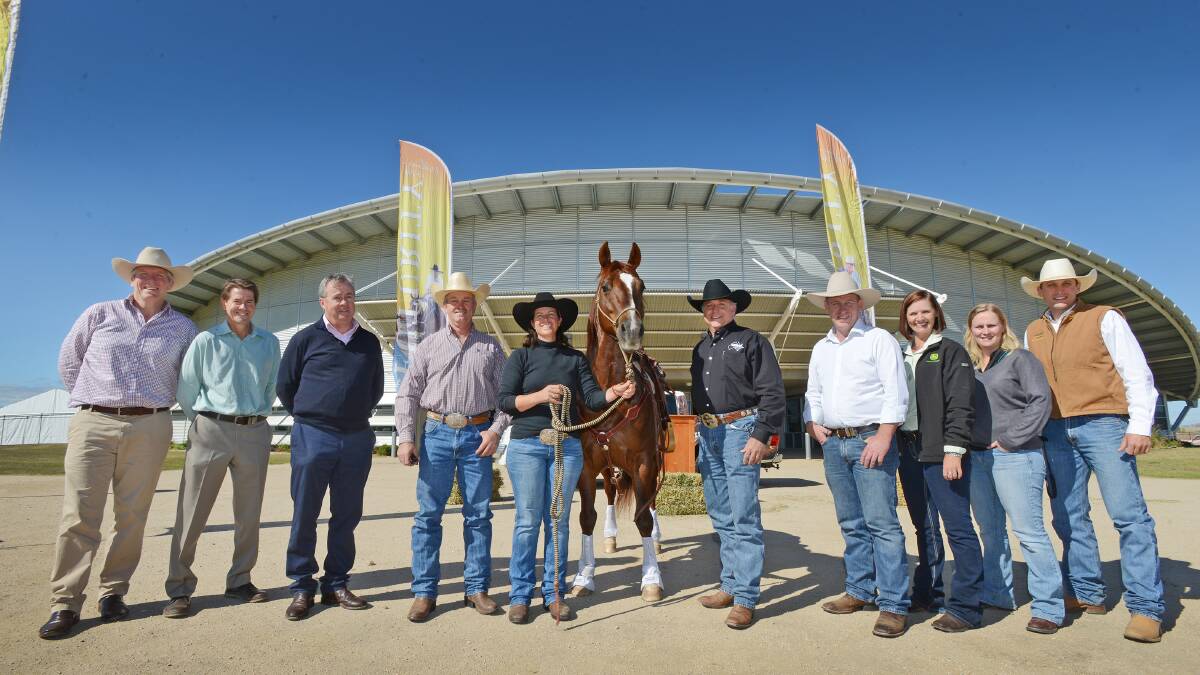 At yesterday’s launch of this year’s NCHA Futurity were (from left)  Greg Sinclair (NCHA general manager), Kevin Anderson (Member for Tamworth), Bill Hiscox (Bayer), Peter Shumack (NCHA president), Kelli Thomas & Tapt Dancin Cat (Trinity Ranch), Don Graves (Shadow Trailers Australia), Steve Highlands (Bayer), Kylie Bailey (John Deere/Peel Valley Group), Emma Smith (AELEC) and  Joel Fleming (Landmark Tamworth).   Photo: Barry Smith 150515BSA02