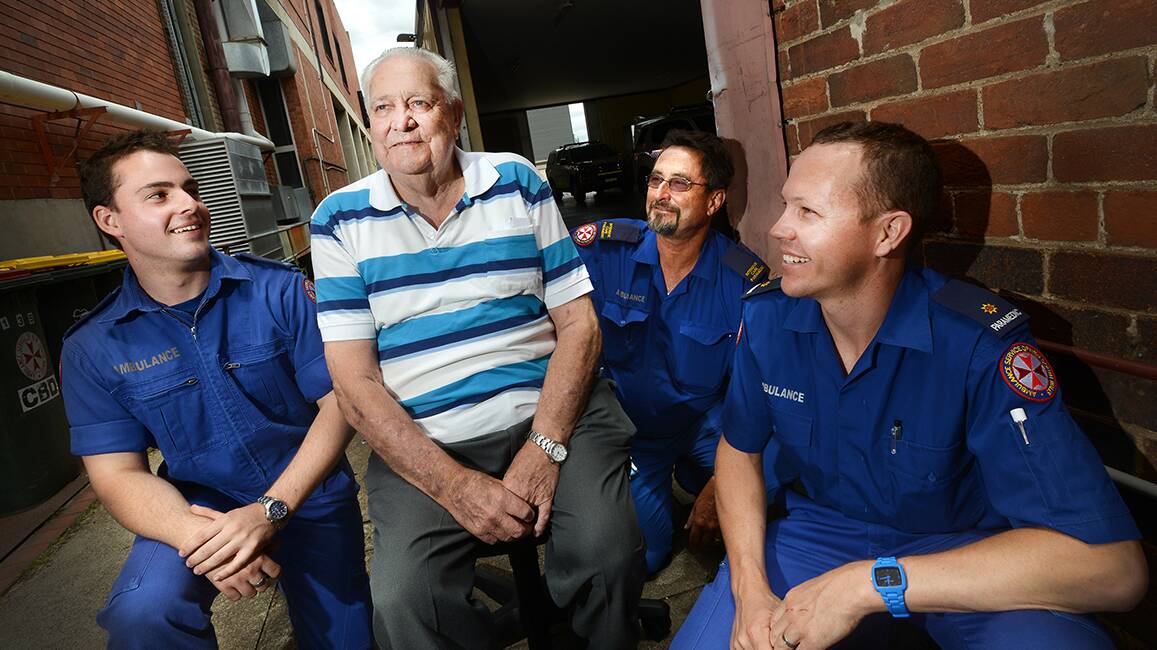 HERO’S WELCOME: Heart attack survivor and Tamworth 
great-grandfather Ken Seagrave drops in to Tamworth Ambulance Station to thank the paramedics he credits with saving his life, from left, Lachlan Blissett, Derek Baker and Bob Wales. Photo: Gareth Gardner 251114GGB03